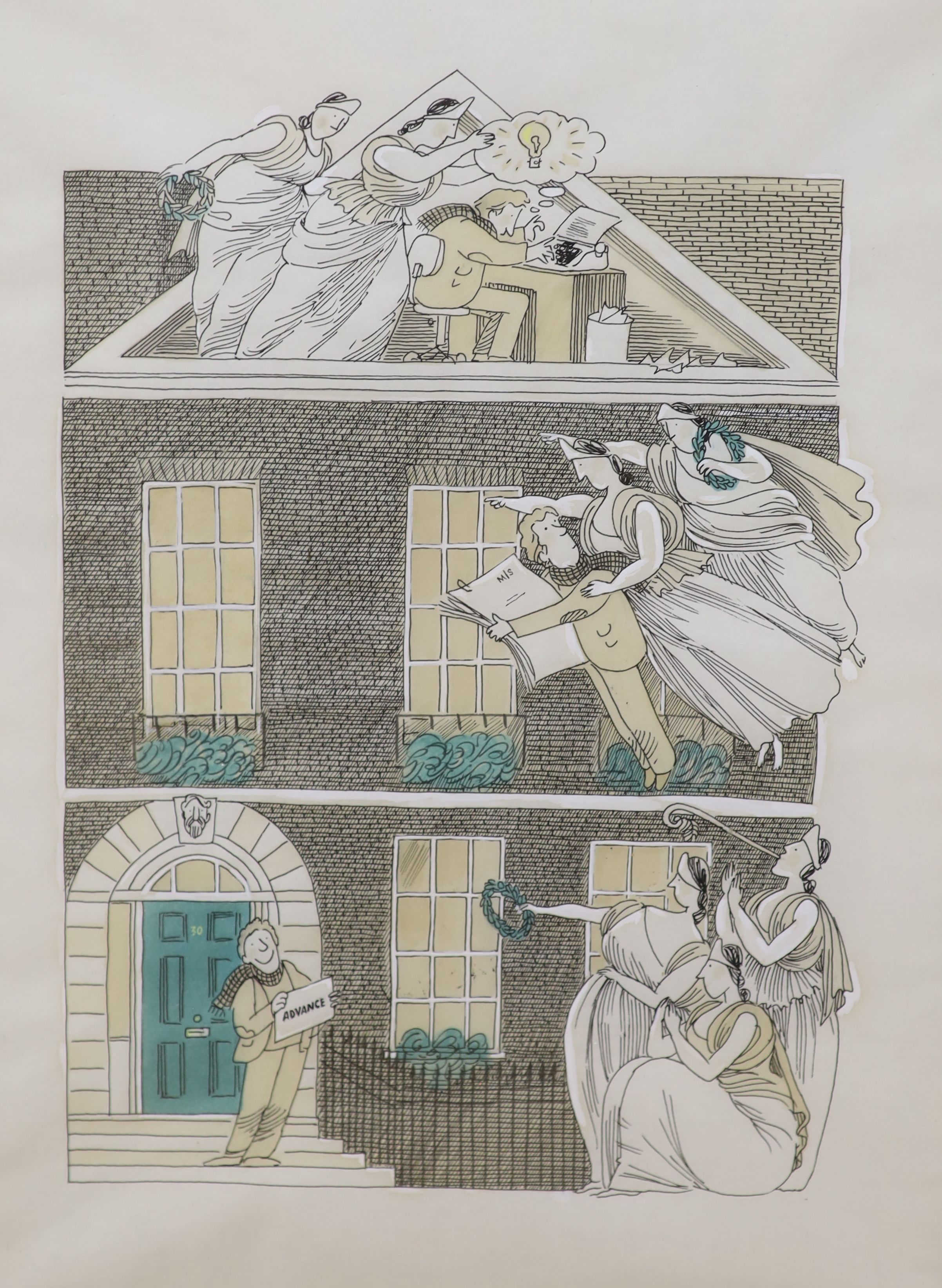 Posy Simmonds (1945-), ink and watercolour, Author and Muses, commissioned for Jonathan Cape Seasonal Lists, 35 x 26cm